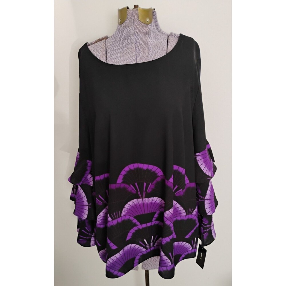Alfani Blouse Top Women's Black Purple Fan Art To Wear Pullover XL NWT